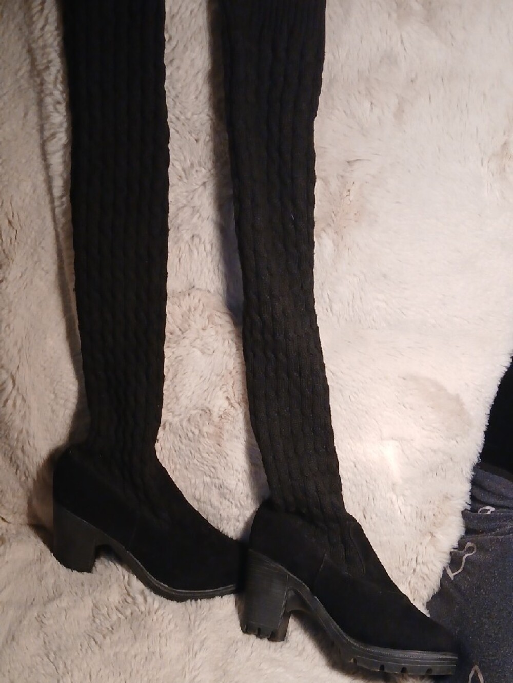 Kinky Boot Beasts Knee-High Cable Knit Thigh High Suede Boots
